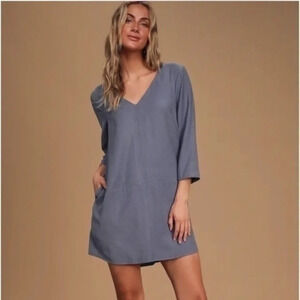 Lulus For The Twill of It Denim Blue Three-Quarter Sleeve Shift Dress Size XS